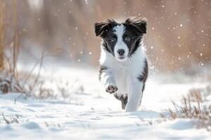 AI generated Happy running dog on winter snow forest photo