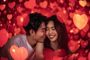 AI generated Yung smiling couple portrait tenderly surrounded by romantic atmosphere of floating hearts. photo