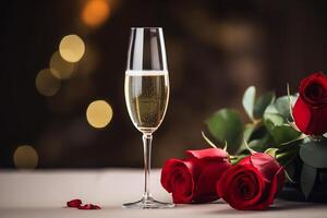 AI generated Champagne glass with rose flower bouquet and bokeh light background, Happy valentine's day concept photo