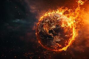 AI generated The globe is on fire, global warming, the average temperature on earth is rising photo