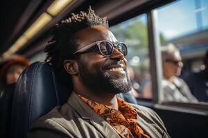 AI generated A happy lady girl sitting in a seat in car and looking out from the window going on a trip vacation travel concept photo