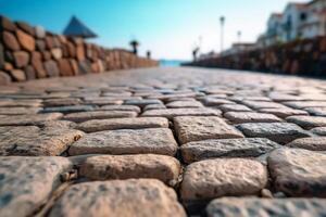 AI generated Close up stone street floor with blurred sea and blue sky, for product display photo