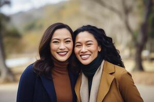 AI generated Happy latin women laughing and hugging each other outdoor in the city photo