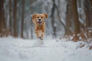 ai generado contento corriendo perro en invierno nieve bosque foto