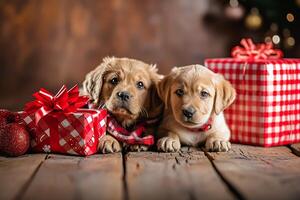 AI generated Cute cat and dog puppy with christmas gift boxes on wooden floor photo