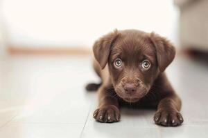 ai generado adorable marrón perrito en blanco antecedentes foto