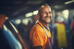 ai generado un contento coche limpiador hombre lado rostro, borroso fondo, de cerca foto