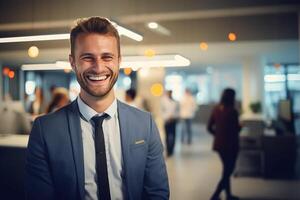 AI generated A happy smiling professional man, light blurry office background, closeup view photo