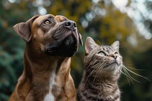 ai generado atento perro y gato mirando arriba en mismo dirección foto