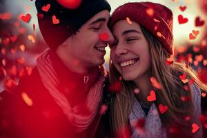 ai generado yung sonriente Pareja retrato tiernamente rodeado por romántico atmósfera de flotante corazones. foto