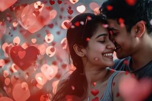 ai generado indio yung sonriente Pareja retrato tiernamente rodeado por romántico atmósfera de flotante corazones. foto