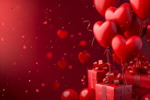 AI generated red color background surrounded by romantic atmosphere of floating Red heart shaped cutout papers photo