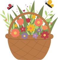 Vector illustration of basket with flowers and butterflies isolated on white background