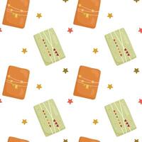 Vector pattern with wrapped gifts and stars