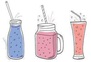 Vector illustration of three different types of smoothies in glass jars, smoothie clipart