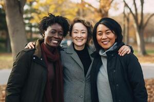 AI generated Happy latin women laughing and hugging each other outdoor in the city photo