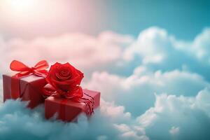 ai generado rojo regalos con Rosa flores en cielo azul nubes, contento enamorado día concepto foto