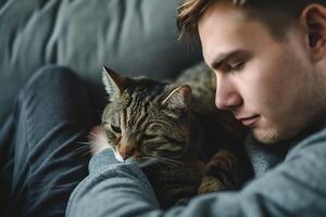 AI generated Young man sitting on a gray sofa caresses the head of a brown tabby cat photo