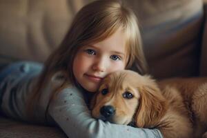 ai generado pequeño niña con su perrito a hogar foto