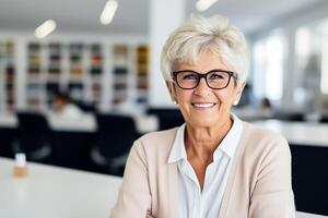 AI generated portrait photography of happy senior citizen office manager photo