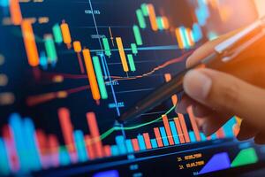 ai generado empresario conmovedor en holográfico analizando datos crecimiento de inversión, financiero y bancario, salud negocio reporte foto