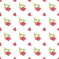 Seamless pattern of red berries branches with green leaves on a white background. Vector pattern with berries on a branch.