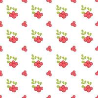 Seamless pattern of red berries branches with green leaves on a white background. Vector pattern with berries on a branch.