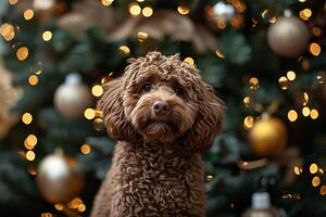 ai generado cerca arriba retrato de un joven marrón labradoodle perro es con orgullo sentado en frente un decorado Navidad árbol foto