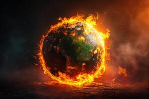 AI generated The globe is on fire, global warming, the average temperature on earth is rising photo