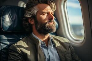 AI generated A sad business man sitting in a seat in airplane and looking out from the window going on a trip vacation travel concept, photo