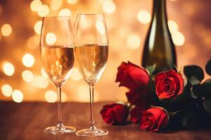 AI generated Champagne glass with rose flower bouquet and bokeh light background, Happy valentine's day concept photo