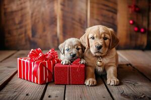 AI generated Cute cat and dog puppy with christmas gift boxes on wooden floor photo