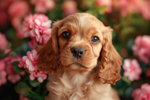 AI generated American cocker spaniel puppy very cute eyes with flowers photo