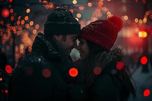 AI generated Couple in romantic winter and snowfall together, Happy valentine day concept photo