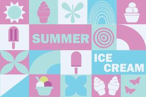 Geometric summer seamless pattern with ice cream. Summer vector background. Ice cream. Modern abstract concept for print, banner, fabric, card, wrapping paper, cover.