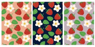 Set of vector seamless patterns with strawberries. Summer backgrounds. Creative summer concept with strawberry. Modern art design with hearts, strawberries, flowers and modern typography