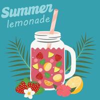 Summer lemonade. Glass jar with lemonade on aquamarine background with lemon, orange,strawberry, ice cube and leaves. Summer drink vector