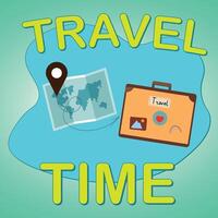 Travel time vector banner design. Time to travel text with travelling elements. Modern trendy colorful design. Vector template for social media posts.