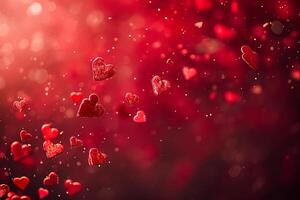 AI generated red color background surrounded by romantic atmosphere of floating Red heart shaped cutout papers photo