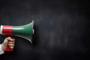 AI generated Hand holding megaphone over chalkboard background with copy space photo