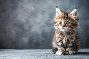 AI generated Little fluffy kitten on a gray studio background photo