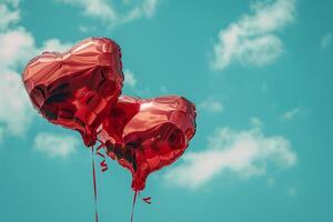 AI generated Red heart shaped foil air balloons floating on blue cloudy sky, Valentine's Day celebration photo