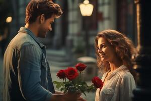 AI generated Romantic man giving flowers to his girlfriend. Happy valentine day concept photo