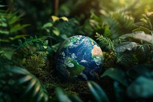 AI generated Global Earth On Soil In Forest With Ferns And Sun Shine photo