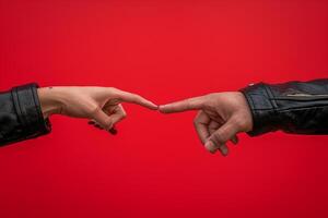 ai generado hombre y mujer cerrado dedo juntos en rojo color fondo, contento San Valentín día concepto foto