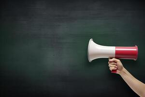 AI generated Hand holding megaphone over chalkboard background with copy space photo