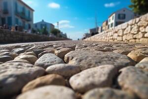 AI generated Close up stone street floor with blurred sea and blue sky, for product display photo