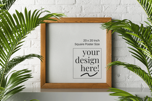 wooden frame square canvas paper poster mockup sitting on table with brick wall modern contemporary interior psd