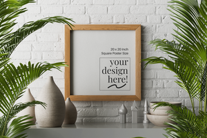 wooden frame square canvas paper poster mockup hanging on brick wall modern contemporary interior psd