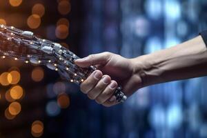 AI generated Handshake human and robot on electronic bokeh background photo